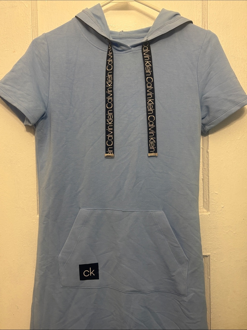 Calvin Klein Light Blue Hooded Tee Dress with Logo Drawstrings